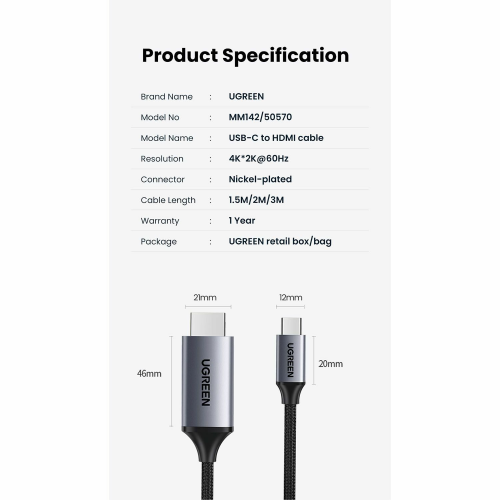 UGREEN USB-C Male to HDMI 4K 60Hz Male Cable 1.5m (50570) - 5