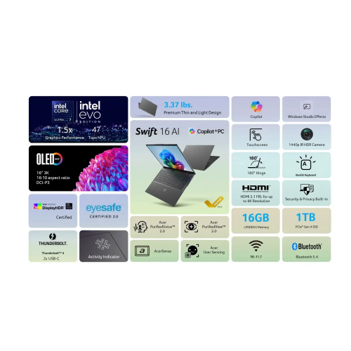 Acer Swift 16 AI SF16-51-71JZ Intel Core Ultra 7-256V,16GB DDR5 RAM, 512GB PCIe Gen4 SSD, Intel Graphics, 16-inch 120Hz 3K OLED, Win 11 Home, Steam Blue - 3