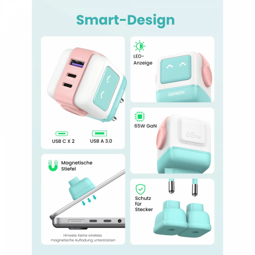 UGREEN UNO USB-A + 2*USB-C 65W GaN Fast Charger, Pink-Blue (35855) - 2