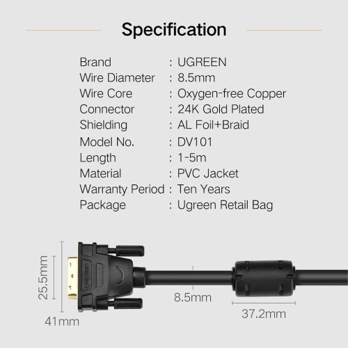 UGREEN DVI (24+1) Male to Male Cable Gold Plated 2m (11604) - 3