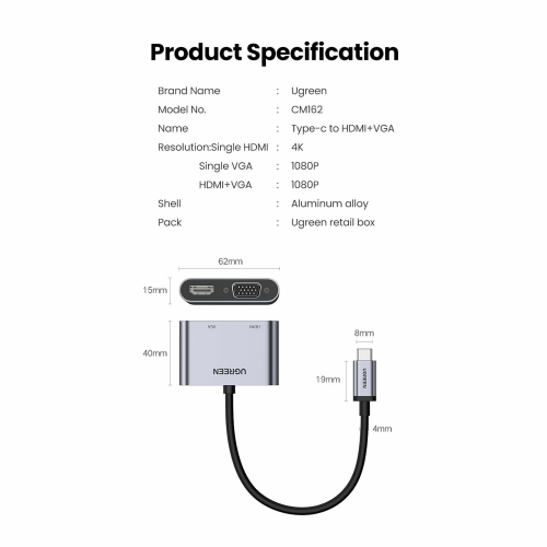 UGREEN USB-C Male to HDMI + VGA Female Converter with PD (50505) - 5